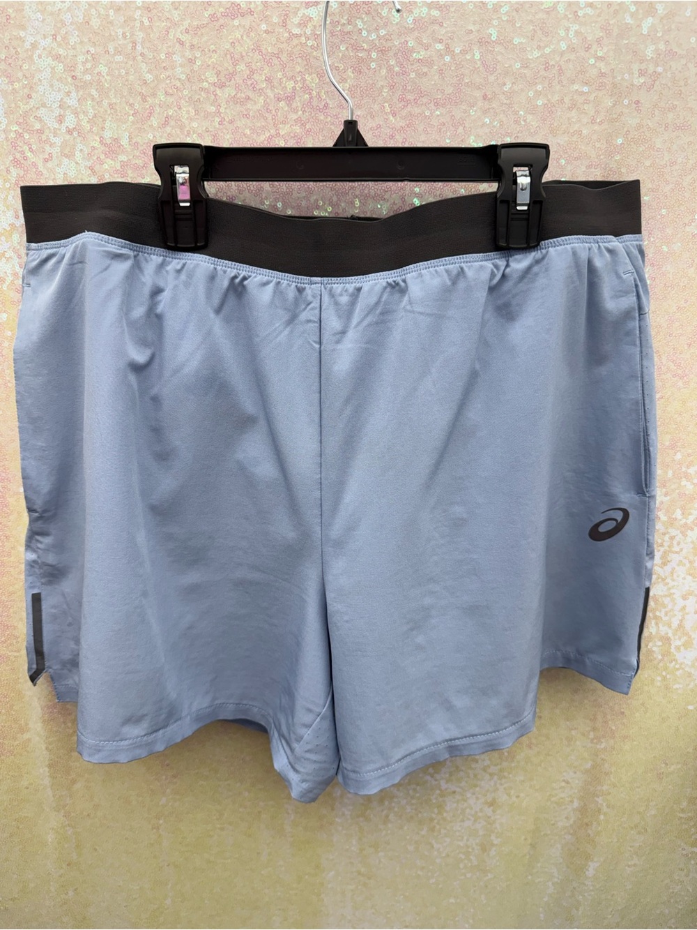 Asics women’s Light Blue lined running shorts Shorts with Black Waistband - XL